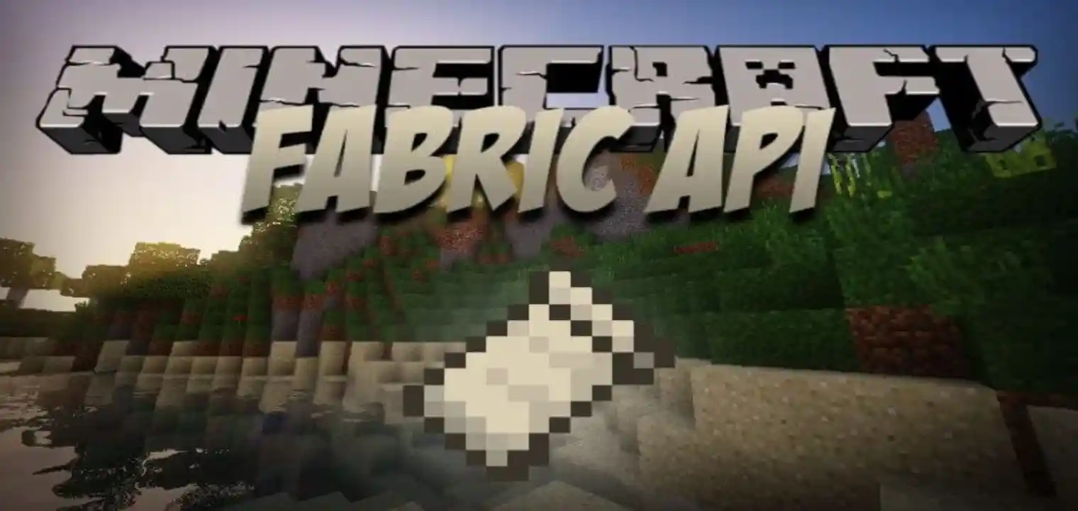 Minecraft Fabric API artwork with the Fabric mod icon in a forest world